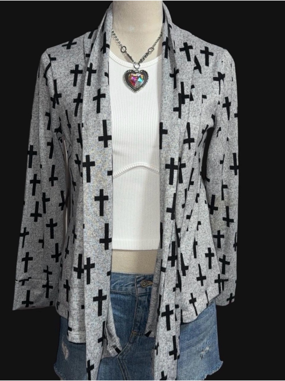 a'gaci Gray Open-Front Cardigan with Black Cross Print